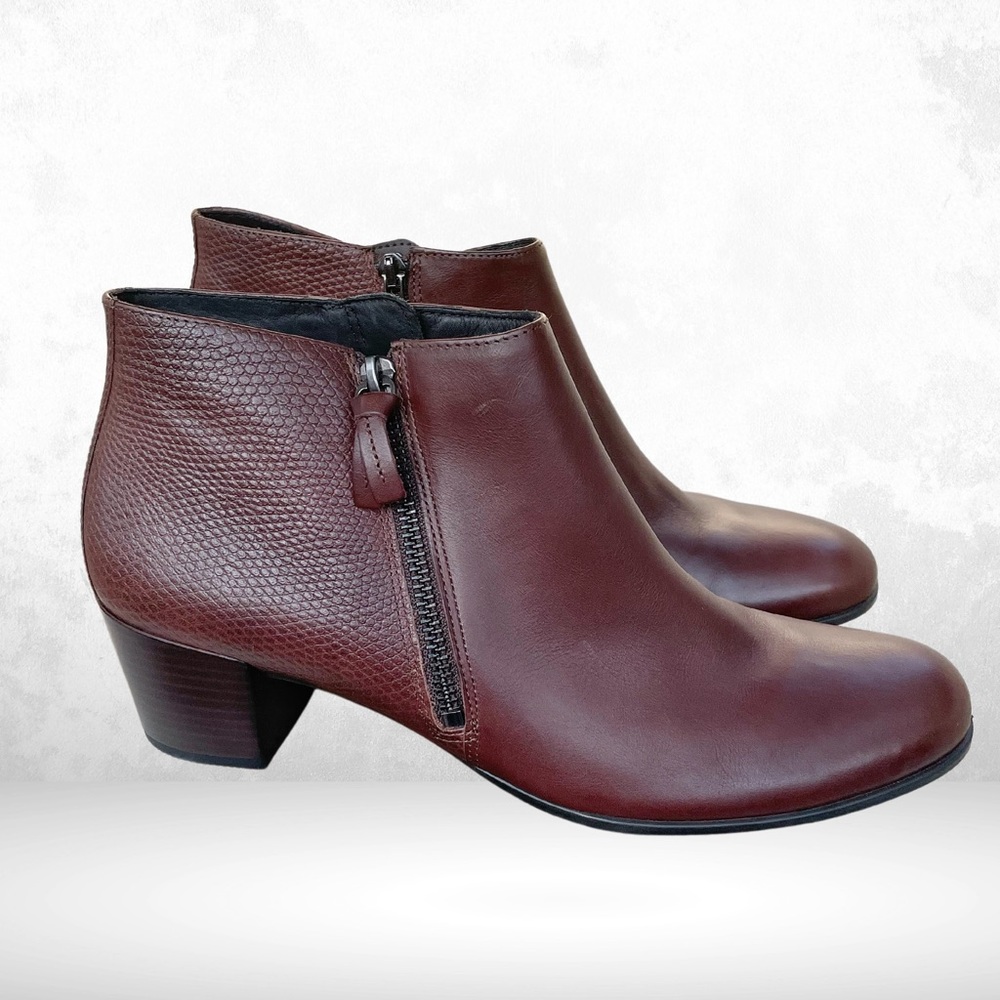 Ecco Shape 35 Leather Burgundy Bison Brown Ankle Booties Double Zip NEW Size 10